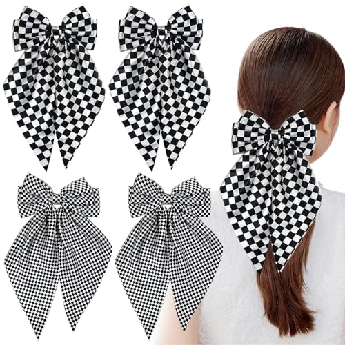 Übergroße Haarschleifen für Damen und Mädchen, karierte Schleife, Haarspangen, groß, schwarz-weiß, Schleife, langer Schwanz, Vintage-Kopfschmuck, modischer Pferdeschwanz, Haarnadel, Metall von Paotxpum