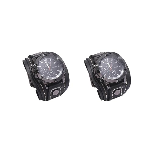 Paowsietiviity Herren-Armbanduhren, Armreifen, bequem, breit, Lederarmband, Schwarz, 2 Stück von Paowsietiviity
