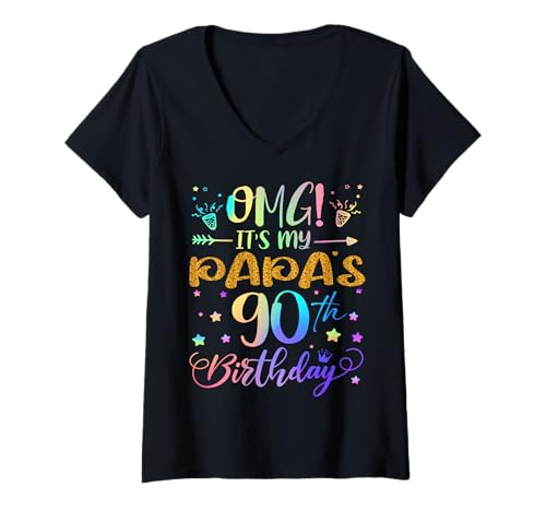 Damen OMG Es ist der 90. Geburtstag meines Vaters, Sweet, 90 Jahre alt T-Shirt mit V-Ausschnitt von Papa 90th Bday Tie Dye Son Daughter