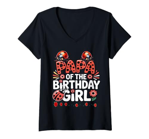 Damen Liebenswerter Marienkäfer für Familien, Marienkäfer, für Damen T-Shirt mit V-Ausschnitt von Papa OF THE BIRTHDAY GIRL Ladybug