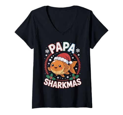 Damen Papa Sharkmas Lustiger Hai Weihnachtsmannmütze Hässlicher Weihnachtspullover T-Shirt mit V-Ausschnitt Damen Papa Sharkmas Lustiger Hai Weihnachtsmannmütze Hässlicher Weihnachtspullover T-Shirt mit V-Ausschnitt von Papa Shark Santa Hat Ugly Christmas Sweater