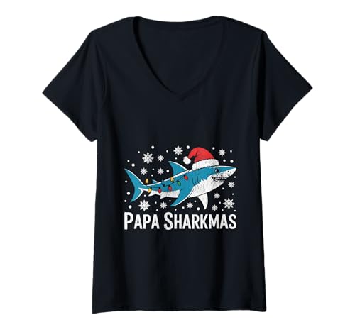 Damen Papa Sharkmas Lustiger Hai Weihnachtsmannmütze Hässlicher Weihnachtspullover T-Shirt mit V-Ausschnitt Damen Papa Sharkmas Lustiger Hai Weihnachtsmannmütze Hässlicher Weihnachtspullover T-Shirt mit V-Ausschnitt von Papa Shark Santa Hat Ugly Christmas Sweater