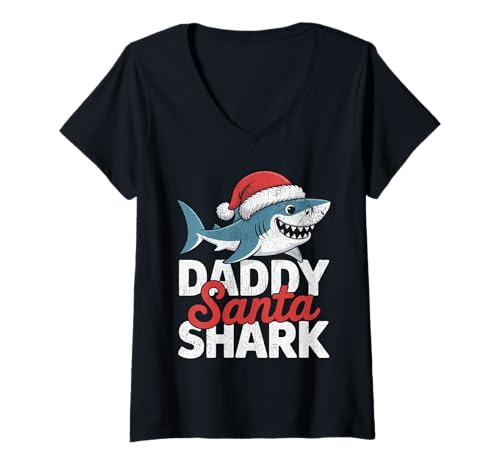 Damen Papa Sharkmas Lustiger Hai Weihnachtsmannmütze Hässlicher Weihnachtspullover T-Shirt mit V-Ausschnitt Damen Papa Sharkmas Lustiger Hai Weihnachtsmannmütze Hässlicher Weihnachtspullover T-Shirt mit V-Ausschnitt von Papa Shark Santa Hat Ugly Christmas Sweater