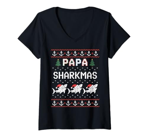 Damen Papa Sharkmas Lustiger Hai Weihnachtsmannmütze Hässlicher Weihnachtspullover T-Shirt mit V-Ausschnitt Damen Papa Sharkmas Lustiger Hai Weihnachtsmannmütze Hässlicher Weihnachtspullover T-Shirt mit V-Ausschnitt von Papa Shark Santa Hat Ugly Christmas Sweater