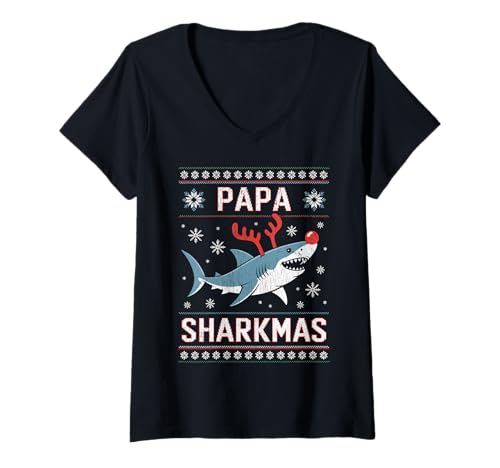 Damen Papa Sharkmas Lustiger Hai Weihnachtsmannmütze Hässlicher Weihnachtspullover T-Shirt mit V-Ausschnitt Damen Papa Sharkmas Lustiger Hai Weihnachtsmannmütze Hässlicher Weihnachtspullover T-Shirt mit V-Ausschnitt von Papa Shark Santa Hat Ugly Christmas Sweater