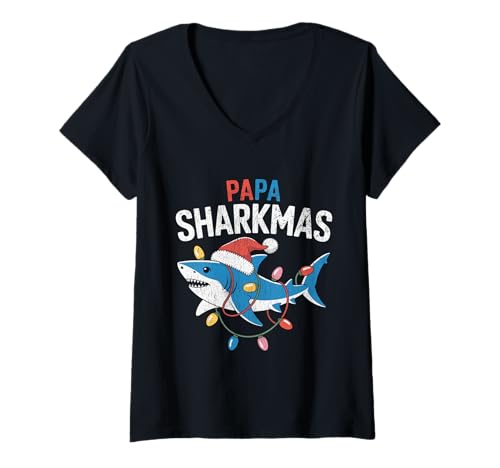 Damen Papa Sharkmas Lustiger Hai Weihnachtsmannmütze Hässlicher Weihnachtspullover T-Shirt mit V-Ausschnitt Damen Papa Sharkmas Lustiger Hai Weihnachtsmannmütze Hässlicher Weihnachtspullover T-Shirt mit V-Ausschnitt von Papa Shark Santa Hat Ugly Christmas Sweater