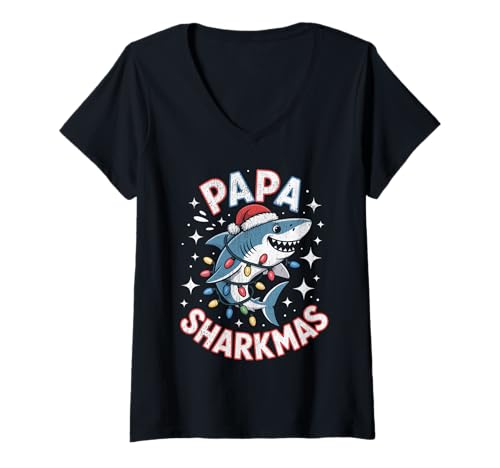 Damen Papa Sharkmas Lustiger Hai Weihnachtsmannmütze Hässlicher Weihnachtspullover T-Shirt mit V-Ausschnitt Damen Papa Sharkmas Lustiger Hai Weihnachtsmannmütze Hässlicher Weihnachtspullover T-Shirt mit V-Ausschnitt von Papa Shark Santa Hat Ugly Christmas Sweater