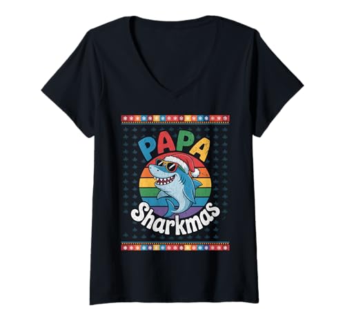 Damen Papa Sharkmas Lustiger Hai Weihnachtsmannmütze Hässlicher Weihnachtspullover T-Shirt mit V-Ausschnitt Damen Papa Sharkmas Lustiger Hai Weihnachtsmannmütze Hässlicher Weihnachtspullover T-Shirt mit V-Ausschnitt von Papa Shark Santa Hat Ugly Christmas Sweater