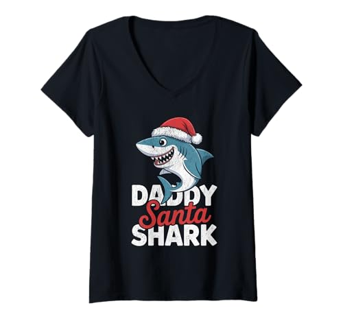 Damen Papa Sharkmas Lustiger Hai Weihnachtsmannmütze Hässlicher Weihnachtspullover T-Shirt mit V-Ausschnitt Damen Papa Sharkmas Lustiger Hai Weihnachtsmannmütze Hässlicher Weihnachtspullover T-Shirt mit V-Ausschnitt von Papa Shark Santa Hat Ugly Christmas Sweater