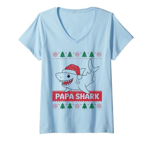 Damen Papa Sharkmas Lustiger Hai Weihnachtsmannmütze Hässlicher Weihnachtspullover T-Shirt mit V-Ausschnitt Damen Papa Sharkmas Lustiger Hai Weihnachtsmannmütze Hässlicher Weihnachtspullover T-Shirt mit V-Ausschnitt von Papa Shark Santa Hat Ugly Christmas Sweater