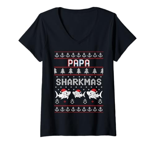 Damen Papa Sharkmas Lustiger Hai Weihnachtsmannmütze Hässlicher Weihnachtspullover T-Shirt mit V-Ausschnitt Damen Papa Sharkmas Lustiger Hai Weihnachtsmannmütze Hässlicher Weihnachtspullover T-Shirt mit V-Ausschnitt von Papa Shark Santa Hat Ugly Christmas Sweater
