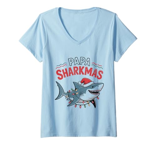 Damen Papa Sharkmas Lustiger Hai Weihnachtsmannmütze Hässlicher Weihnachtspullover T-Shirt mit V-Ausschnitt Damen Papa Sharkmas Lustiger Hai Weihnachtsmannmütze Hässlicher Weihnachtspullover T-Shirt mit V-Ausschnitt von Papa Shark Santa Hat Ugly Christmas Sweater