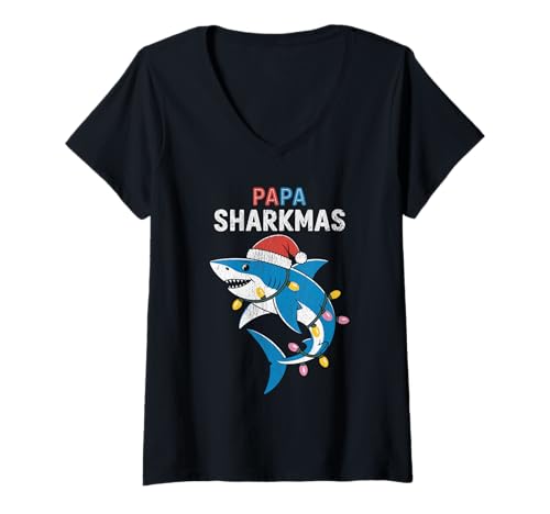 Damen Papa Sharkmas Lustiger Hai Weihnachtsmannmütze Hässlicher Weihnachtspullover T-Shirt mit V-Ausschnitt Damen Papa Sharkmas Lustiger Hai Weihnachtsmannmütze Hässlicher Weihnachtspullover T-Shirt mit V-Ausschnitt von Papa Shark Santa Hat Ugly Christmas Sweater