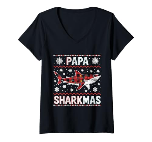 Damen Papa Sharkmas Lustiger Hai Weihnachtsmannmütze Hässlicher Weihnachtspullover T-Shirt mit V-Ausschnitt Damen Papa Sharkmas Lustiger Hai Weihnachtsmannmütze Hässlicher Weihnachtspullover T-Shirt mit V-Ausschnitt von Papa Shark Santa Hat Ugly Christmas Sweater