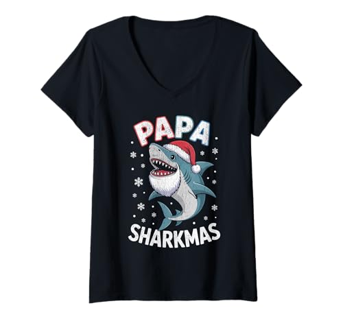 Damen Papa Sharkmas Lustiger Hai Weihnachtsmannmütze Hässlicher Weihnachtspullover T-Shirt mit V-Ausschnitt Damen Papa Sharkmas Lustiger Hai Weihnachtsmannmütze Hässlicher Weihnachtspullover T-Shirt mit V-Ausschnitt von Papa Shark Santa Hat Ugly Christmas Sweater