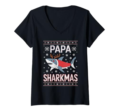 Damen Papa Sharkmas Lustiger Hai Weihnachtsmannmütze Hässlicher Weihnachtspullover T-Shirt mit V-Ausschnitt Damen Papa Sharkmas Lustiger Hai Weihnachtsmannmütze Hässlicher Weihnachtspullover T-Shirt mit V-Ausschnitt von Papa Shark Santa Hat Ugly Christmas Sweater