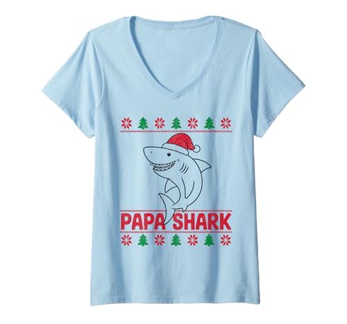 Damen Papa Sharkmas Lustiger Hai Weihnachtsmannmütze Hässlicher Weihnachtspullover T-Shirt mit V-Ausschnitt Damen Papa Sharkmas Lustiger Hai Weihnachtsmannmütze Hässlicher Weihnachtspullover T-Shirt mit V-Ausschnitt von Papa Shark Santa Hat Ugly Christmas Sweater
