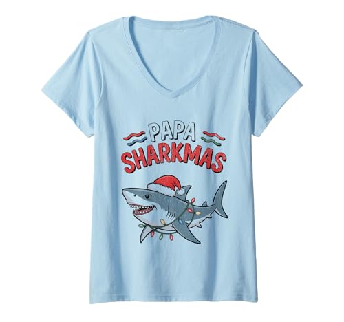 Damen Papa Sharkmas Lustiger Hai Weihnachtsmannmütze Hässlicher Weihnachtspullover T-Shirt mit V-Ausschnitt Damen Papa Sharkmas Lustiger Hai Weihnachtsmannmütze Hässlicher Weihnachtspullover T-Shirt mit V-Ausschnitt von Papa Shark Santa Hat Ugly Christmas Sweater