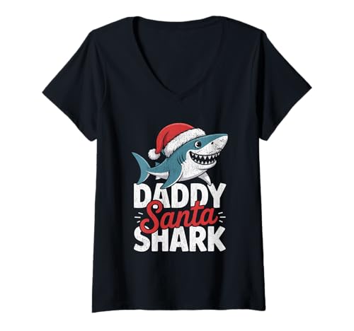 Damen Papa Sharkmas Lustiger Hai Weihnachtsmannmütze Hässlicher Weihnachtspullover T-Shirt mit V-Ausschnitt Damen Papa Sharkmas Lustiger Hai Weihnachtsmannmütze Hässlicher Weihnachtspullover T-Shirt mit V-Ausschnitt von Papa Shark Santa Hat Ugly Christmas Sweater