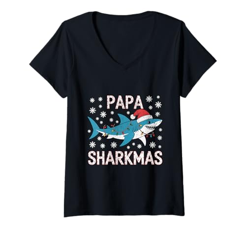 Damen Papa Sharkmas Lustiger Hai Weihnachtsmannmütze Hässlicher Weihnachtspullover T-Shirt mit V-Ausschnitt Damen Papa Sharkmas Lustiger Hai Weihnachtsmannmütze Hässlicher Weihnachtspullover T-Shirt mit V-Ausschnitt von Papa Shark Santa Hat Ugly Christmas Sweater