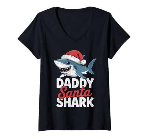 Damen Papa Sharkmas Lustiger Hai Weihnachtsmannmütze Hässlicher Weihnachtspullover T-Shirt mit V-Ausschnitt Damen Papa Sharkmas Lustiger Hai Weihnachtsmannmütze Hässlicher Weihnachtspullover T-Shirt mit V-Ausschnitt von Papa Shark Santa Hat Ugly Christmas Sweater