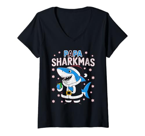 Damen Papa Sharkmas Lustiger Hai Weihnachtsmannmütze Hässlicher Weihnachtspullover T-Shirt mit V-Ausschnitt Damen Papa Sharkmas Lustiger Hai Weihnachtsmannmütze Hässlicher Weihnachtspullover T-Shirt mit V-Ausschnitt von Papa Shark Santa Hat Ugly Christmas Sweater