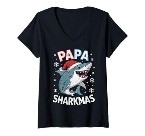 Damen Papa Sharkmas Lustiger Hai Weihnachtsmannmütze Hässlicher Weihnachtspullover T-Shirt mit V-Ausschnitt Damen Papa Sharkmas Lustiger Hai Weihnachtsmannmütze Hässlicher Weihnachtspullover T-Shirt mit V-Ausschnitt von Papa Shark Santa Hat Ugly Christmas Sweater