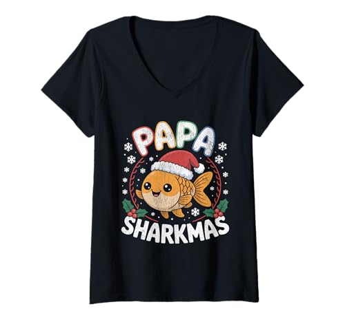 Damen Papa Sharkmas Lustiger Hai Weihnachtsmannmütze Hässlicher Weihnachtspullover T-Shirt mit V-Ausschnitt Damen Papa Sharkmas Lustiger Hai Weihnachtsmannmütze Hässlicher Weihnachtspullover T-Shirt mit V-Ausschnitt von Papa Shark Santa Hat Ugly Christmas Sweater