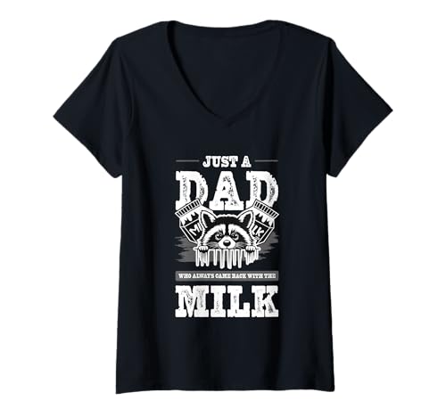 Damen Lustig Just A Dad Who Always Came Back with The Milk Waschbä T-Shirt mit V-Ausschnitt Damen Lustig Just A Dad Who Always Came Back with The Milk Waschbä T-Shirt mit V-Ausschnitt von Papa Witz Waschbär Milch Lustig Geschenk