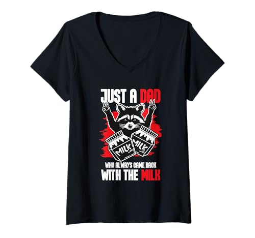 Damen Lustig Just A Dad Who Always Came Back with The Milk Waschbä T-Shirt mit V-Ausschnitt Damen Lustig Just A Dad Who Always Came Back with The Milk Waschbä T-Shirt mit V-Ausschnitt von Papa Witz Waschbär Milch Lustig Geschenk