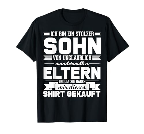 Papa & Mutter Motiv Sprüche Stolzer Sohn von fantastischen Eltern Herren Schwarz S T-Shirt Waldmuster Klassisch geschnitten mit doppelt genähter Saum und variabler Stoffzusammensetzung von Papa & Mutter Motiv Sprüche