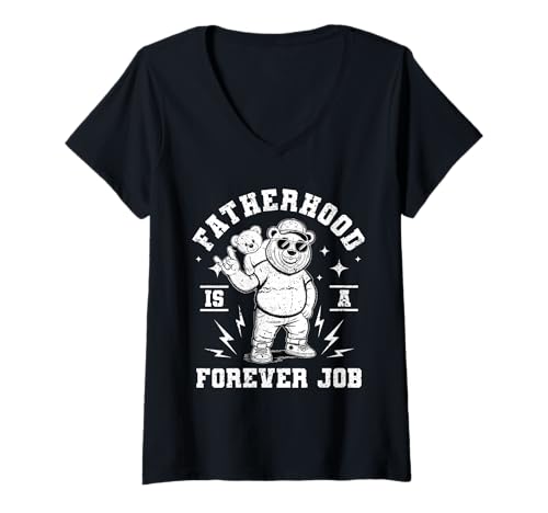 Damen Fatherhood is A Forever Job Cooler Bär im Teddy-Rock-Stil T-Shirt mit V-Ausschnitt Damen Fatherhood is A Forever Job Cooler Bär im Teddy-Rock-Stil T-Shirt mit V-Ausschnitt von PapaBear