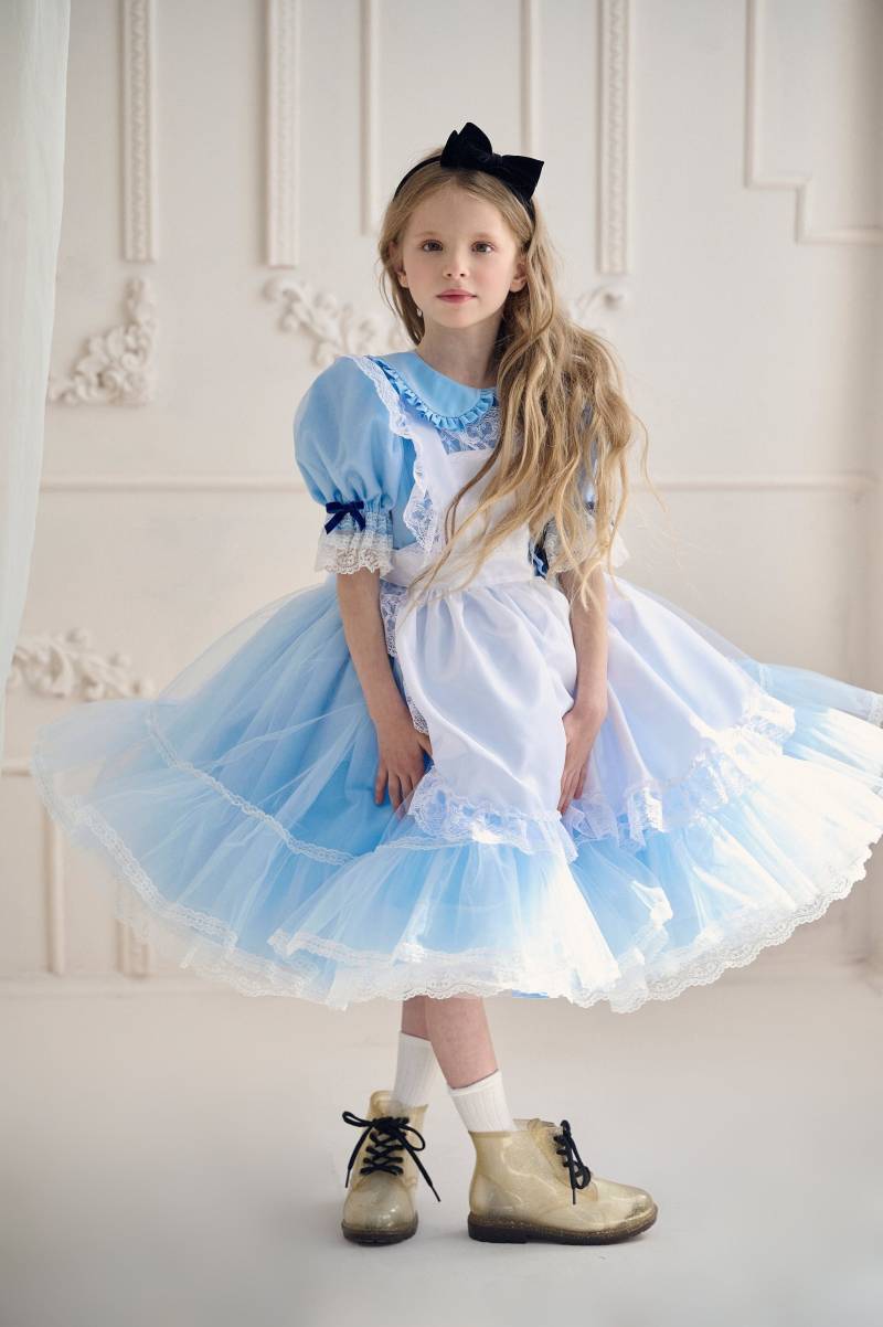 Alice Baby Mädchen Tüll Halloween Kleid Mit Schürze, Blaues Kleinkind Kind Spitze Wonderland Kleid, Cosplay Teenager Kostüm, Ostern, Geburtstagsparty von PapaPandaFamily