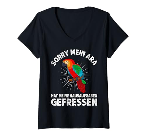Damen Papagei Mein Ara hat meine Hausaufgaben gefressen Macaw T-Shirt mit V-Ausschnitt Damen Papagei Mein Ara hat meine Hausaufgaben gefressen Macaw T-Shirt mit V-Ausschnitt von Papagein Geschenk Papagei Vogel Macaw Papagei Aras