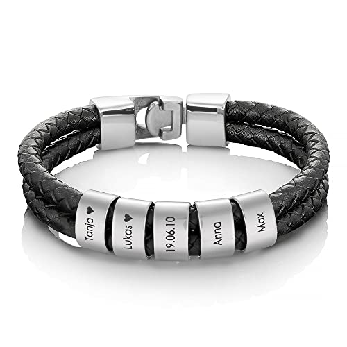 Papasplatz – Herren Lederarmband mit Gravur – geflochtenes Echtleder Armband mit gravierten Edelstahl-Beads für Name & Datum – personalisierte Geschenke für Männer (21cm) von Papasplatz