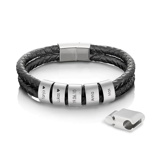 Papasplatz – Herren Lederarmband mit Gravur – geflochtenes Echtleder Armband mit gravierten Edelstahl-Beads für Name & Datum – personalisierte Geschenke für Männer (21cm) von Papasplatz