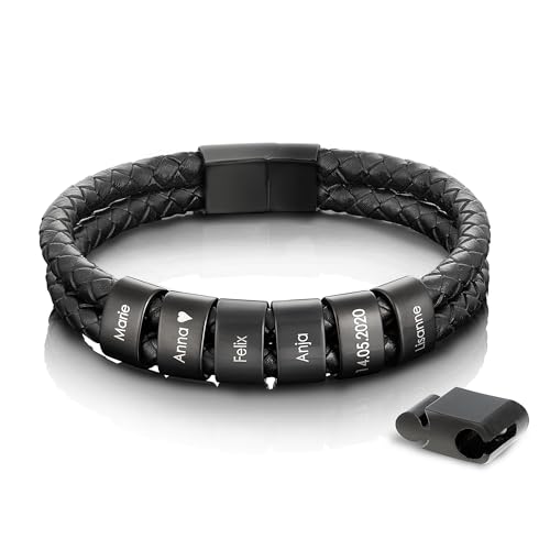 Papasplatz – Herren Lederarmband mit Gravur – geflochtenes Echtleder Armband mit gravierten schwarzen Edelstahl-Beads für Name & Datum – personalisierte Geschenke für Männer (20cm) von Papasplatz