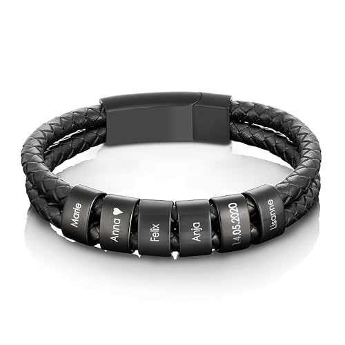 Papasplatz – Herren Lederarmband mit Gravur – geflochtenes Echtleder Armband mit gravierten schwarzen Edelstahl-Beads für Name & Datum – personalisierte Geschenke für Männer (20cm) von Papasplatz