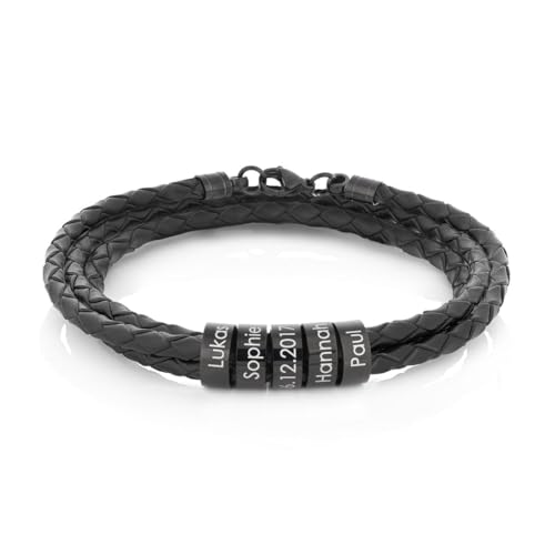 Papasplatz – Herren-Lederarmband mit Gravur – geflochtenes Echtleder-Armband mit gravierten schwarzen Edelstahl-Ringen für Name & Datum – personalisierte Geschenke für Männer (21, 1 Ring) von Papasplatz