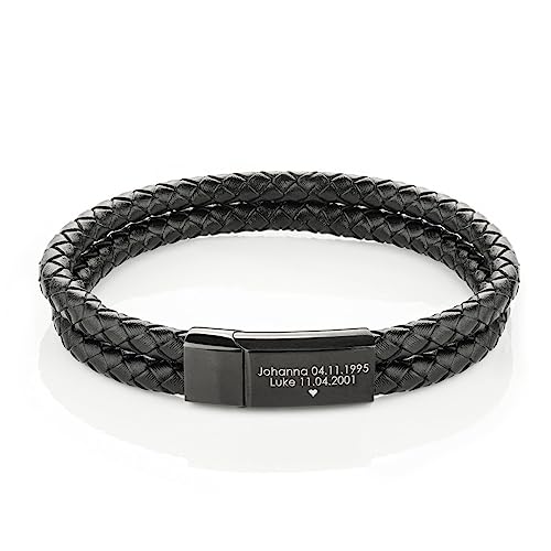 Papasplatz Lederarmband mit graviertem schwarzen Verschluss für Name & Datum –geflochtenes Echtleder-Armband - Männerarmband, personalisierte Geschenke für Männer und Vatertag - inklusive Geschenkbox von Papasplatz