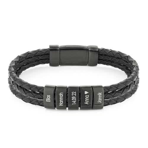 Papasplatz Lederarmband mit gravierten schwarzen Namensbeads von Papasplatz