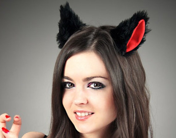 Katze Ohren Schwarz Rot Kawaii Anime Harajuku Süß von PaperCatsPL
