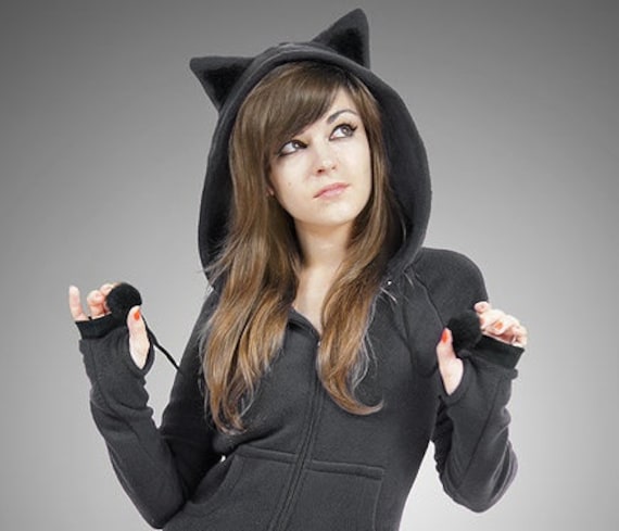 Katzen Kapuzenpullover Dunkelgrau Ohren Kitty Cosplay Nerd Animal Fleece Long Kawaii Schwarz von PaperCatsPL