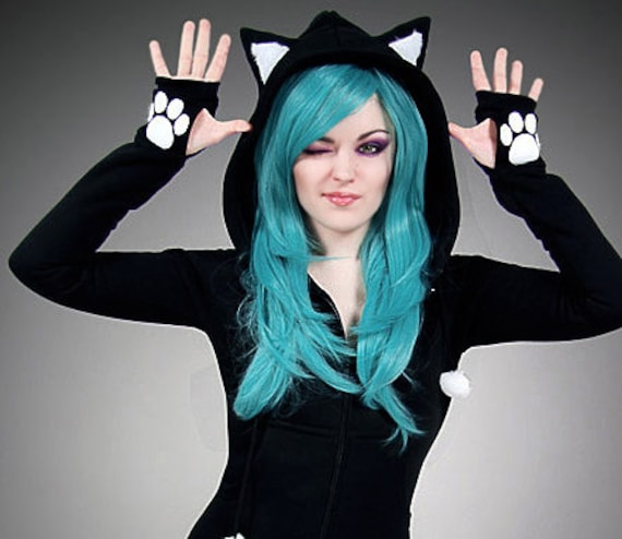 Langes Hoodie-Ohren-Tier-Kitty-Emo-Nerd-Kleid Mit Schwarzer Katze von PaperCatsPL