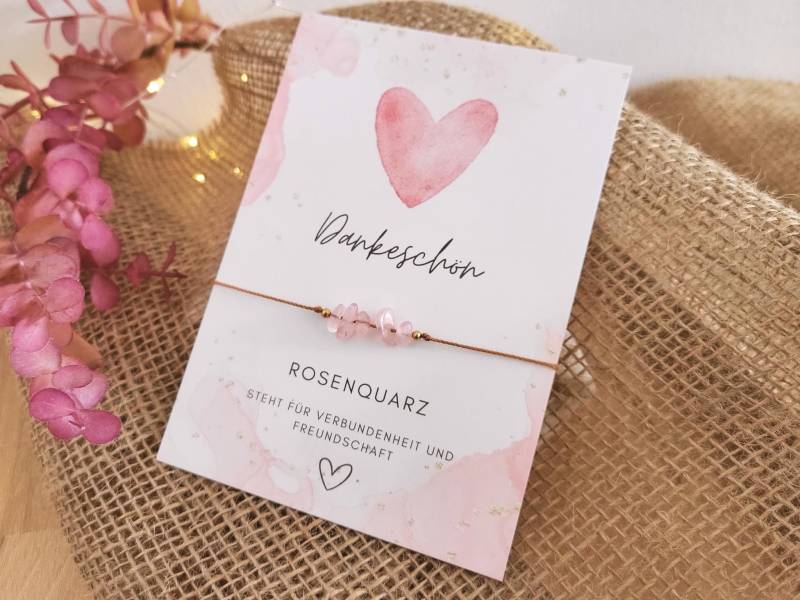 Dankeschön Armband Geschenk Rosenquarz, Dankbarkeit Aufmerksamkeit "Danke Für Alles", Schmuck Freundin Kleinigkeit Abschied Glücksbringer von PaperlaneByEssi