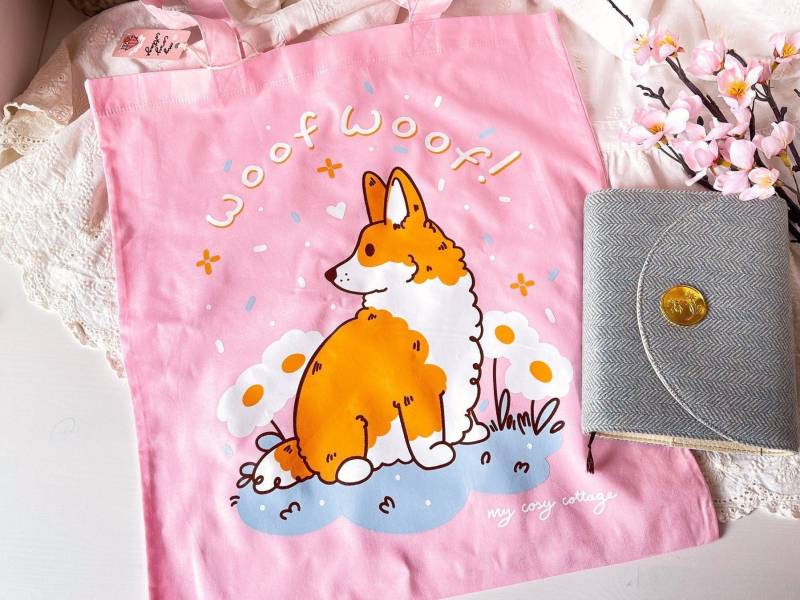 Süßer Corgi Baumwoll Beutel Rosa von PaperlyOwl