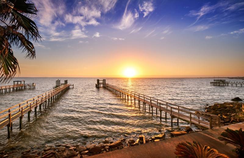 Papermoon Fototapete "HOLZ-BRÜCKE-TEXAS PIER STEG MEER SEE STRAND SONNE BUCHT" von Papermoon