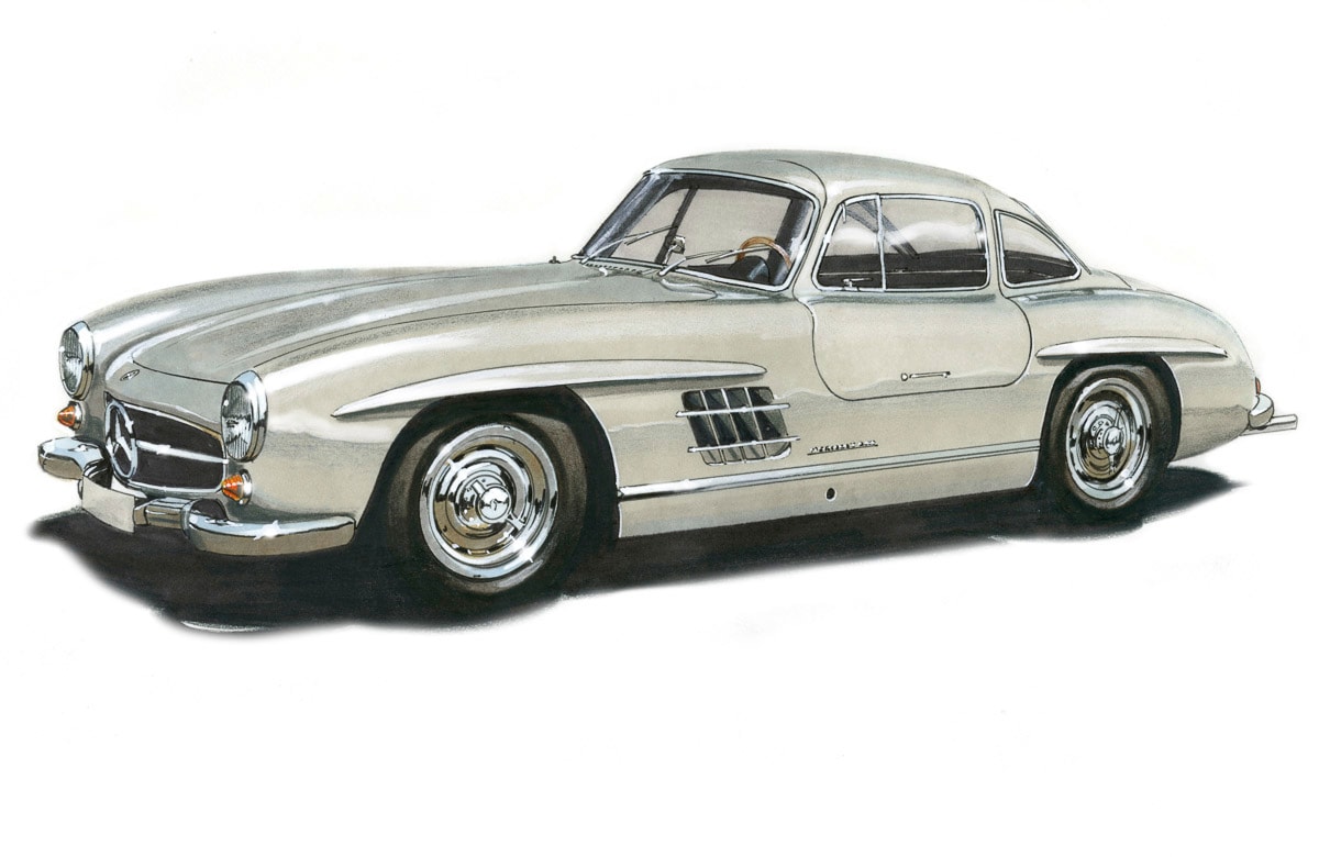 Papermoon Fototapete "MB300SL GULLWING 1954 -VINTAGE AUTO ILLUSTRATION RETRO" von Papermoon