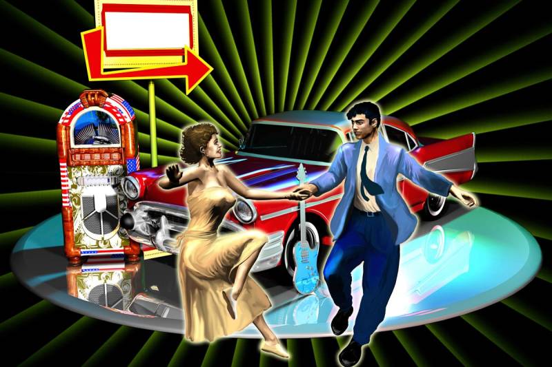 Papermoon Fototapete "Mann und Frau tanzen vor Auto" von Papermoon