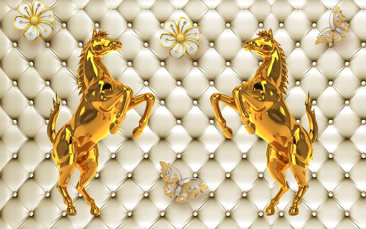 Papermoon Fototapete "Muster mit Pferden gold weiß" von Papermoon